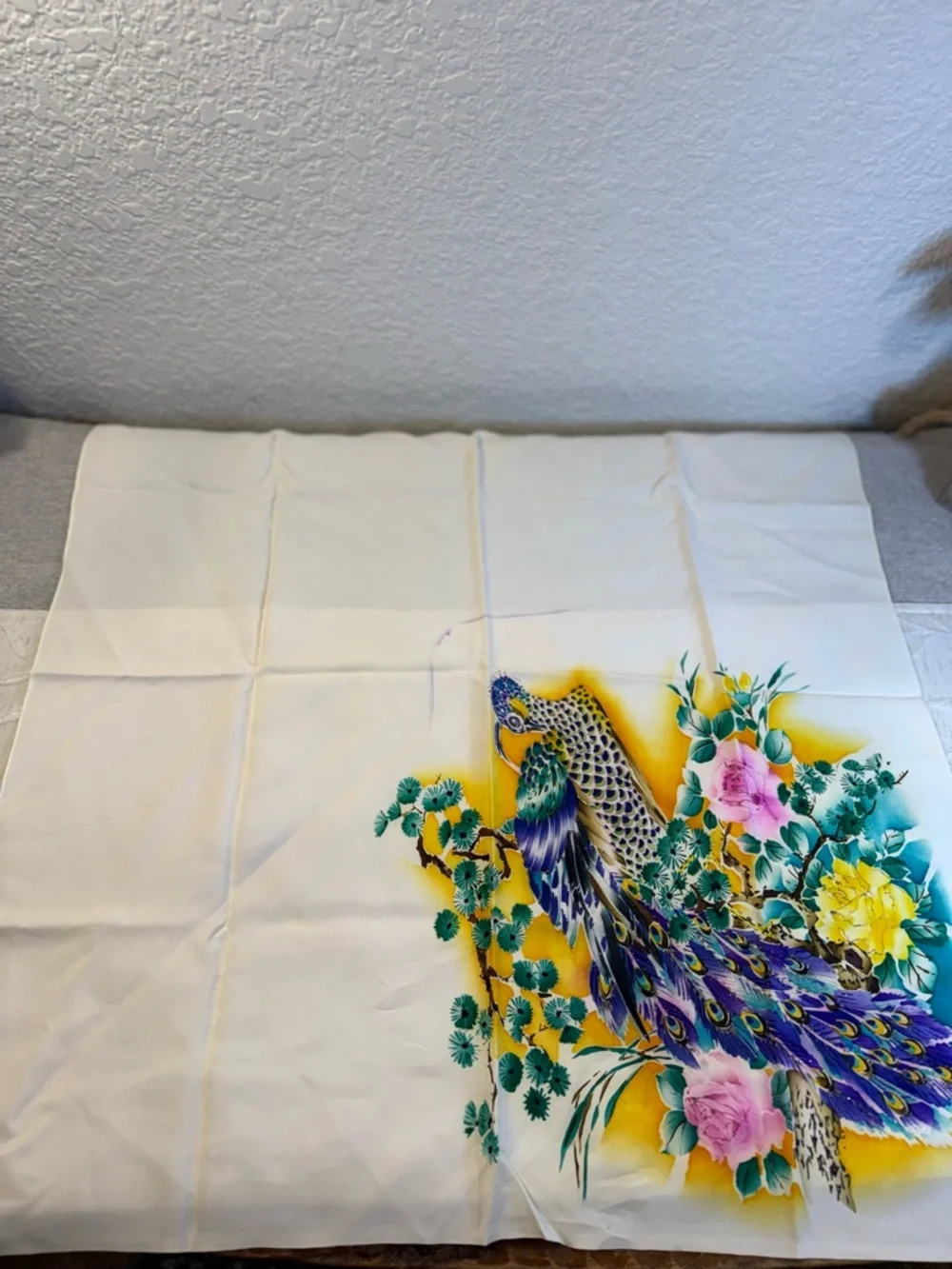 Vintage‎ Hand Painted Silk Scarf Peacock Peony Asian Chinoiserie 26x28 Cream
